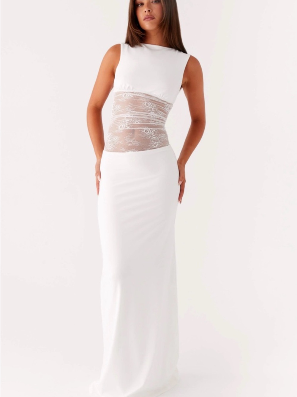 Peppermayo White Maxi Dress with Lace Waist Panel